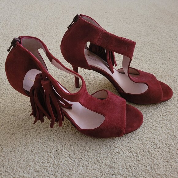 Like New Kate Spade Inga Red Suede Fringe Stiletto Sandals - Picture 4 of 8